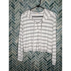 WOMENS BILLABONG BLACK WHITE STRIPED TERRY CLOTH HOODED SWEATSHIRT HOODIE SMALL‎